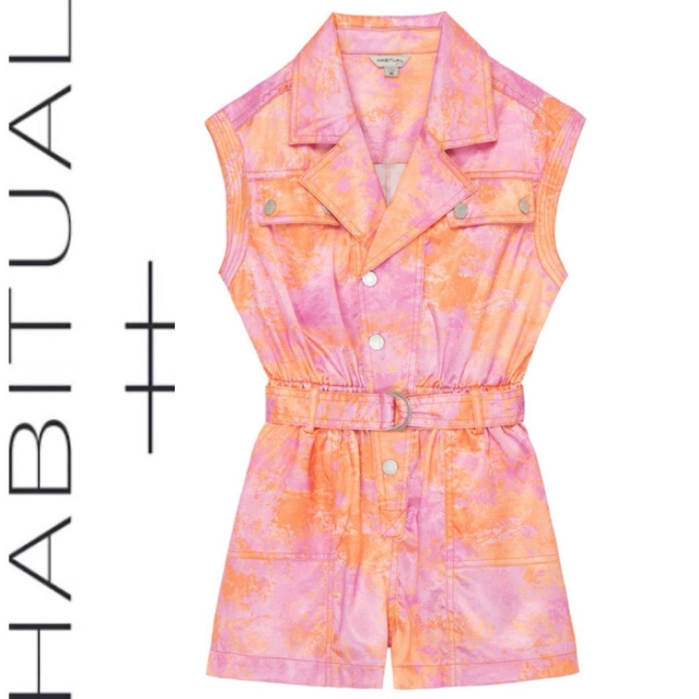 6/$20 Habitual Satin Utility Romper Tie-Dye Cinch Waist, Belt, Pockets 16 NWOT